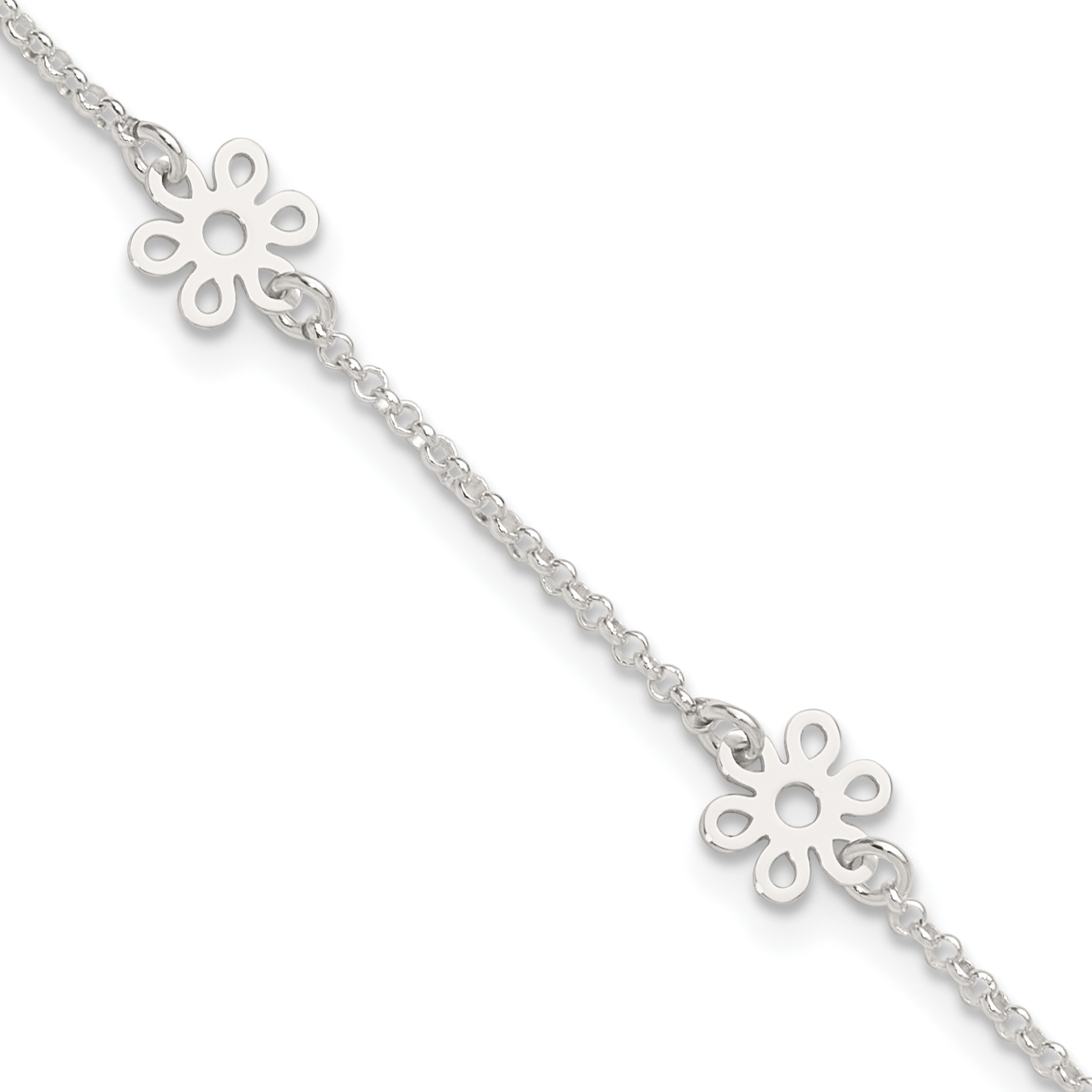 Sterling Silver Polished Flower 9in Plus 1in Ext. Anklet (QG3181-9)