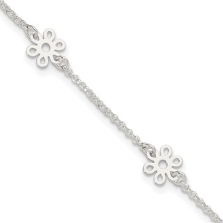 Sterling Silver Cable Chain/Flowers 5-Station 9 inch Plus 1 inch Extender - Total 10 inch Anklet