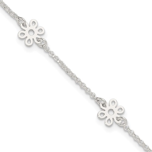 Sterling Silver Cable Chain Flowers 5-Station Plus 1 Inch Extender - Total 10 Inch Anklet, 9"