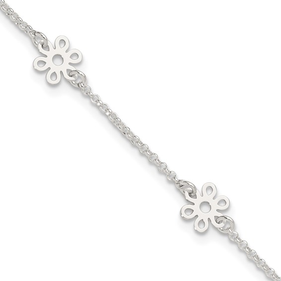 Sterling Silver Cable Chain/Flowers 5-Station 9 inch Plus 1 inch Extender - Total 10 inch Anklet