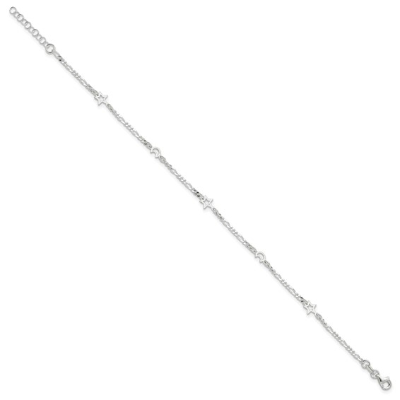 Sterling Silver Moon and Star 10 inch Plus 1 inch Extender - Total 11 inch Anklet