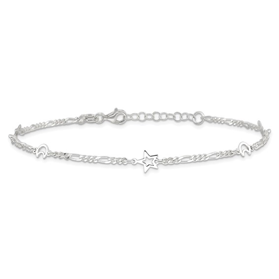 Sterling Silver Moon and Star 10 inch Plus 1 inch Extender - Total 11 inch Anklet