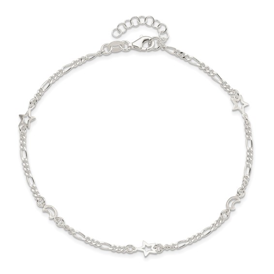 Sterling Silver Moon and Star 10 inch Plus 1 inch Extender - Total 11 inch Anklet