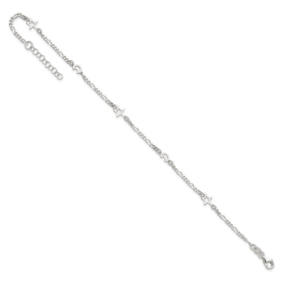 Sterling Silver Moon and Star 10 inch Plus 1 inch Extender - Total 11 inch Anklet