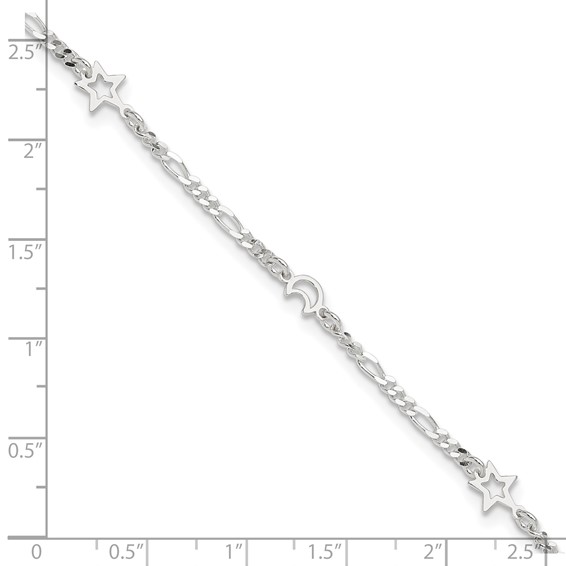 Sterling Silver Moon and Star 9 inch Plus 1 inch Extender - Total 10 inch Anklet