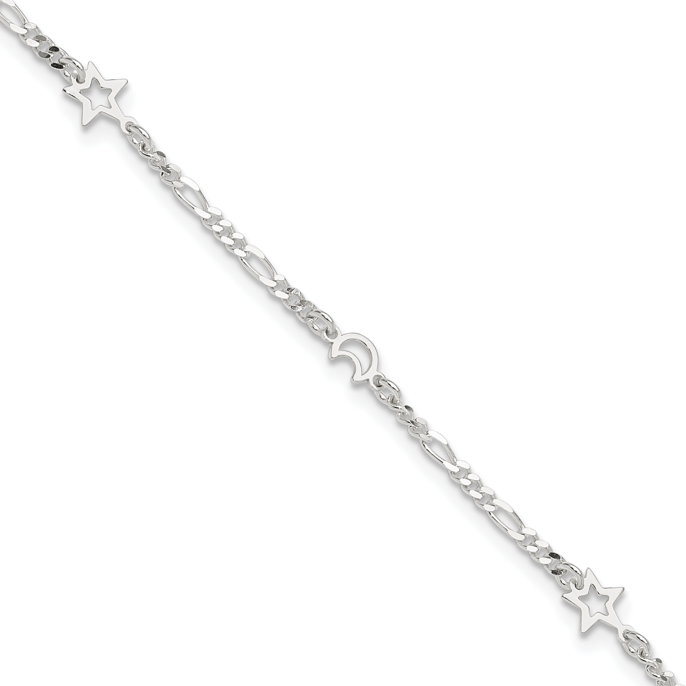 Sterling Silver Polished Moon and Star 9in Plus 1in Ext. Anklet (QG3183-9)