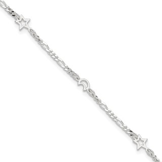 Sterling Silver Moon and Star 9 inch Plus 1 inch Extender - Total 10 inch Anklet