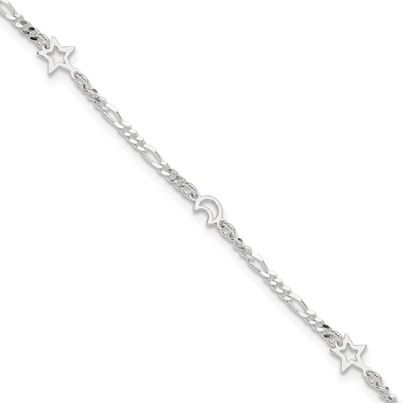 Sterling Silver Moon and Star 9 inch Plus 1 inch Extender - Total 10 inch Anklet