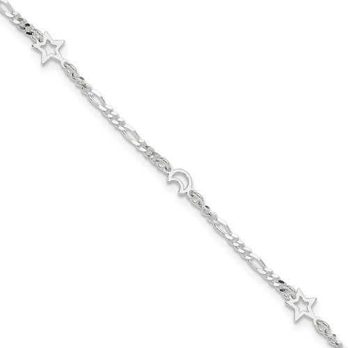 Sterling Silver Moon and Star Plus 1 Inch Extender - Total 10 Inch Anklet, 9"