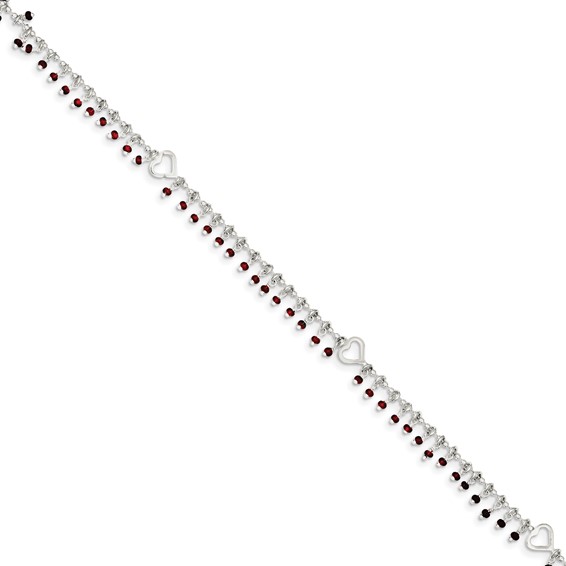 Sterling Silver Red Beads and Heart 10 inch Plus 1 inch Extender - Total 11 inch Anklet