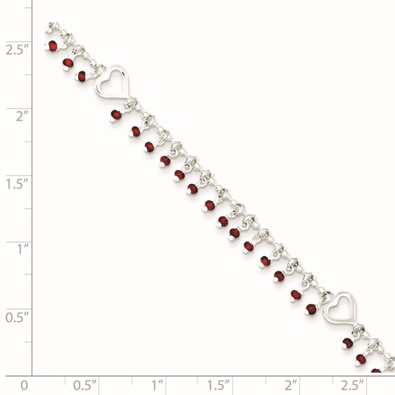 Sterling Silver Red Beads and Heart 10 inch Plus 1 inch Extender - Total 11 inch Anklet