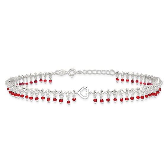 Sterling Silver Red Beads and Heart 10 inch Plus 1 inch Extender - Total 11 inch Anklet