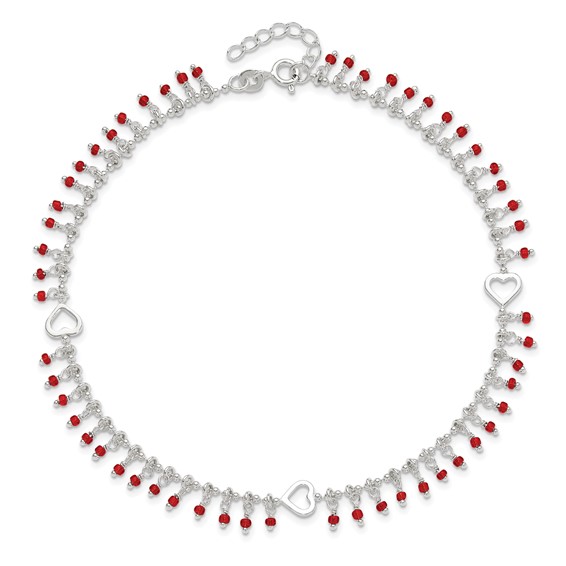 Sterling Silver Red Beads and Heart 10 inch Plus 1 inch Extender - Total 11 inch Anklet