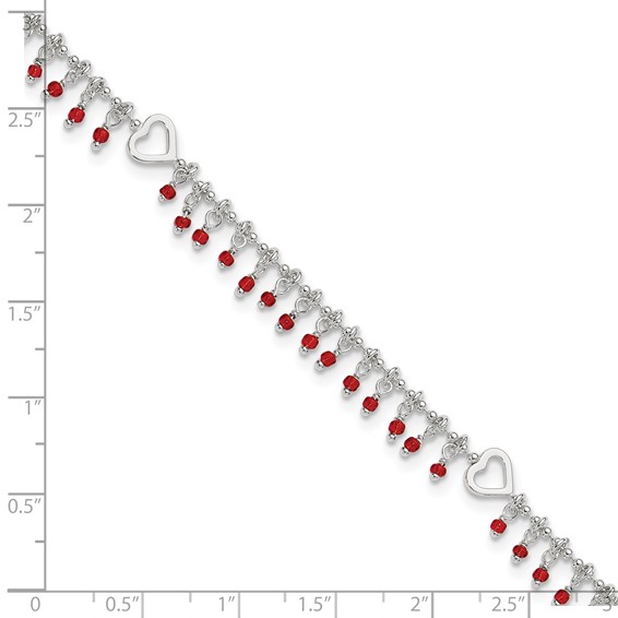 Sterling Silver Red Beads and Heart 10 inch Plus 1 inch Extender - Total 11 inch Anklet