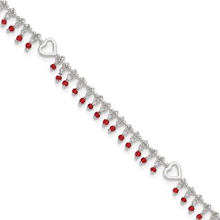 Sterling Silver Red Beads and Heart 10 inch Plus 1 inch Extender - Total 11 inch Anklet