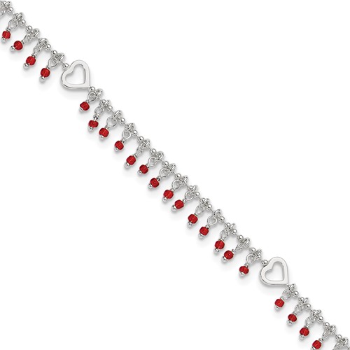 Sterling Silver Red Beads and Heart Plus 1 Inch Extender - Total 11 Inch Anklet, 10"