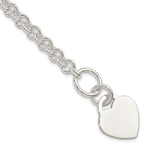 Sterling Silver Polished Engravable 17x 19mm Heart Charm Rolo Link Toggle Bracelet, 7.5"