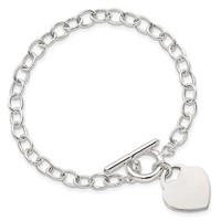 Sterling Silver Engravable 18x 21mm Heart Charm Oval Cable Link Toggle Bracelet, 7.5" view 4