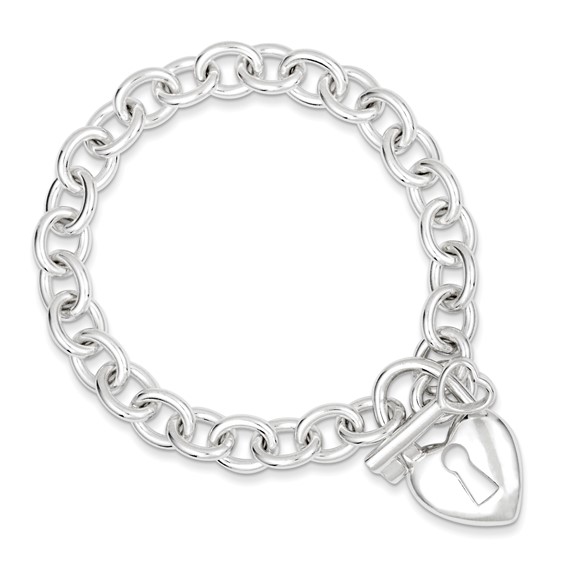 Sterling Silver Polished Heart and Key Bracelet