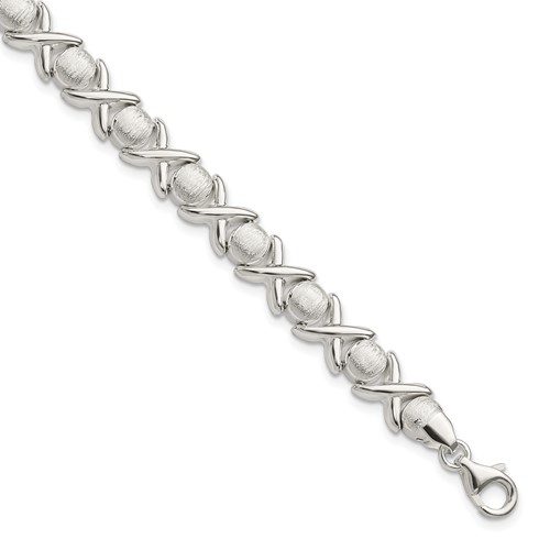 Sterling Silver Polished and Satin 9mm X and O Bracelet, 7"