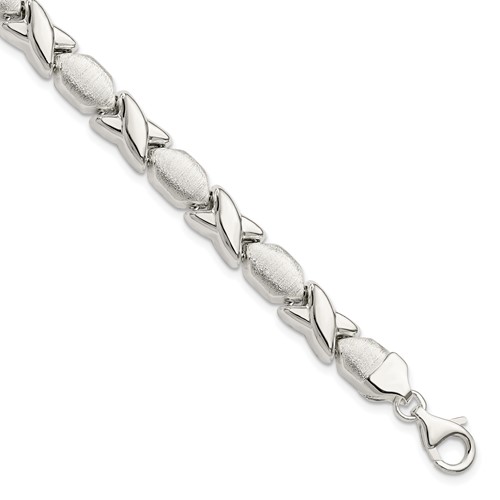 Sterling Silver Polished and Satin 8mm X and O Bracelet, 7"