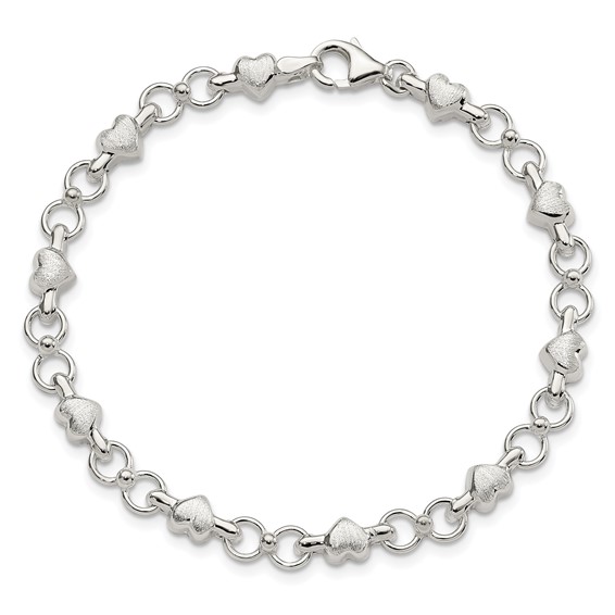 Sterling Silver Polished and Brushed Hearts and Circles Bracelet