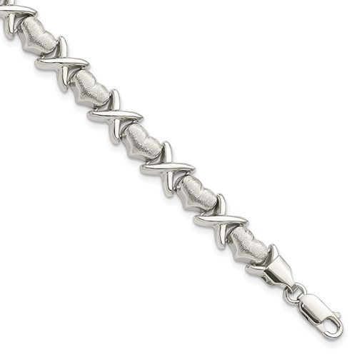 Sterling Silver Polished and Satin X and Hearts Bracelet, 7"