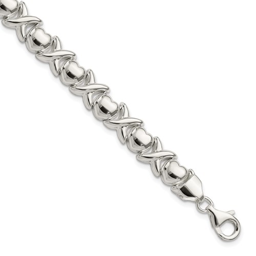 Sterling Silver Polished X and Hearts Bracelet, 7"