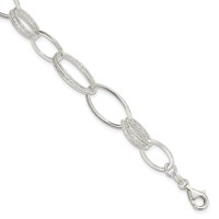 Sterling Silver Polished and Textured Oval Link Bracelet, 7.5" view 1