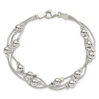 Sterling Silver Polished Beaded 3-Strand Snake Chain Bracelet, 7.5" view 3
