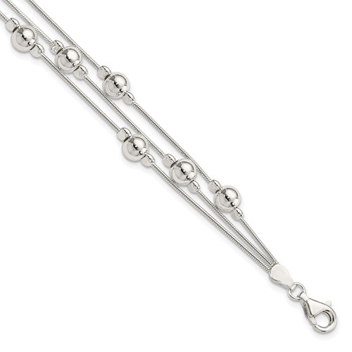 Sterling Silver Polished Beaded 3-Strand Snake Chain Bracelet, 7.5"