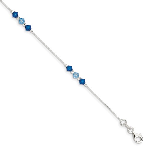 Sterling Silver Polished Aquamarine Capri Blue Glass Bead Bracelet, 7.5"