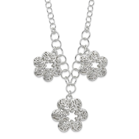 Sterling Silver Polished Filigree Flower w/ 2in ext Necklace