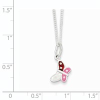 Sterling Silver Polished Pink, Red and White Enameled Petite Butterfly Necklace, 14" view 3