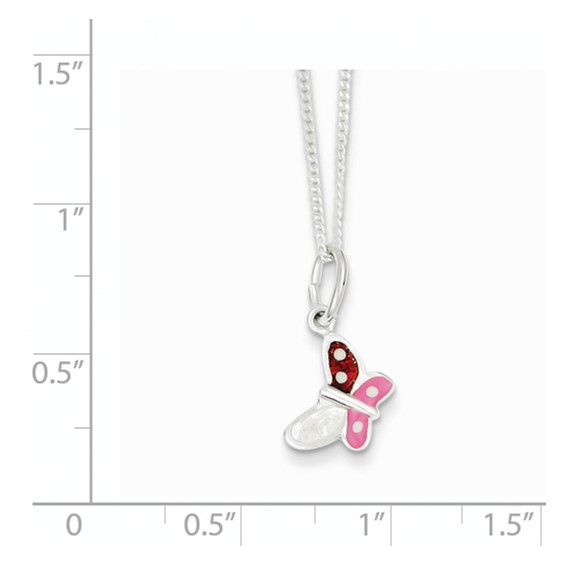 Sterling Silver Polished Pink, Red and White Enameled Butterfly Children's Necklace