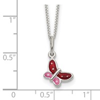 Sterling Silver Polished Pink, Red and White Enameled Petite Butterfly Necklace, 14" view 5