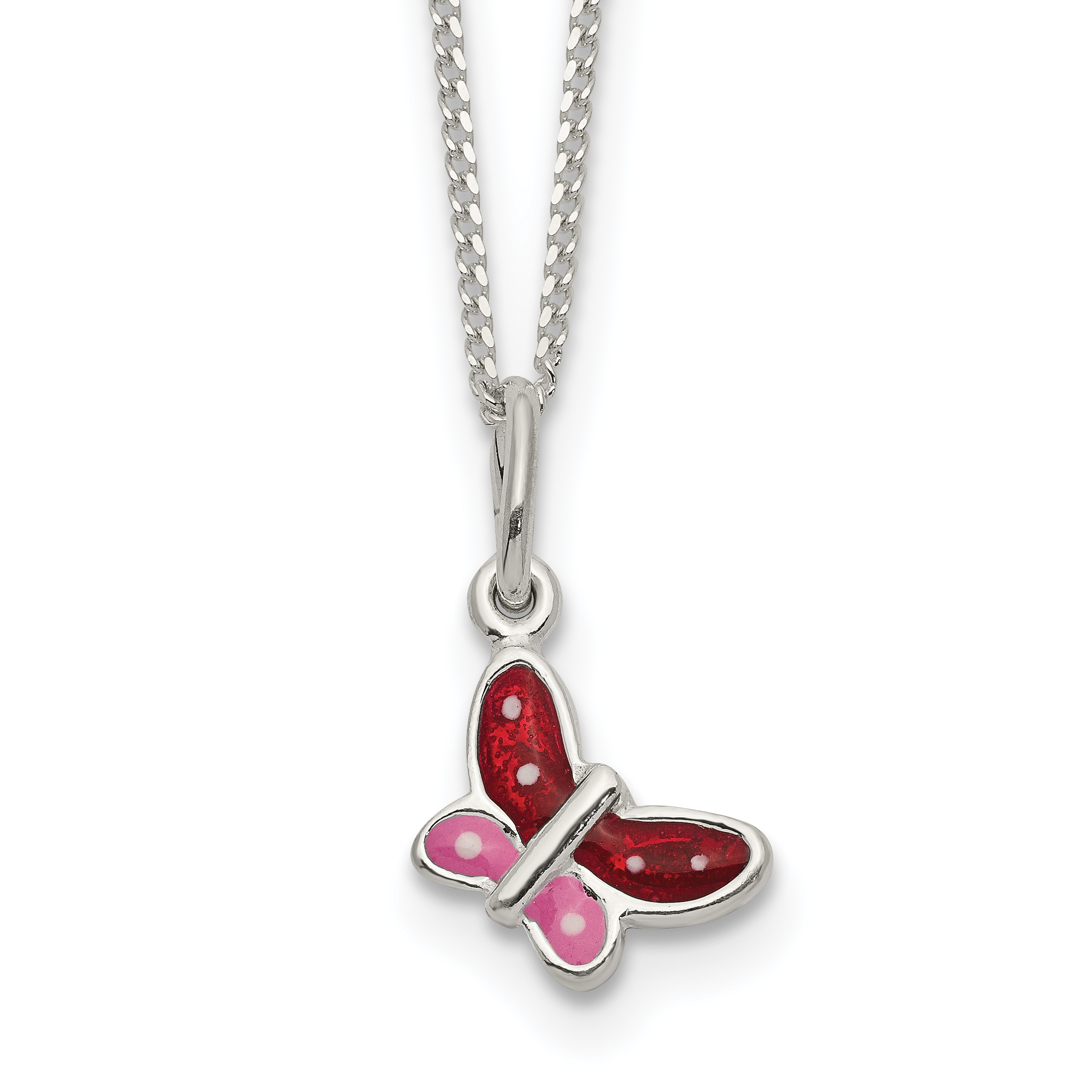 Sterling Silver Polished Pink, Red and White Enameled Butterfly Children's Necklace (QG3377-14)