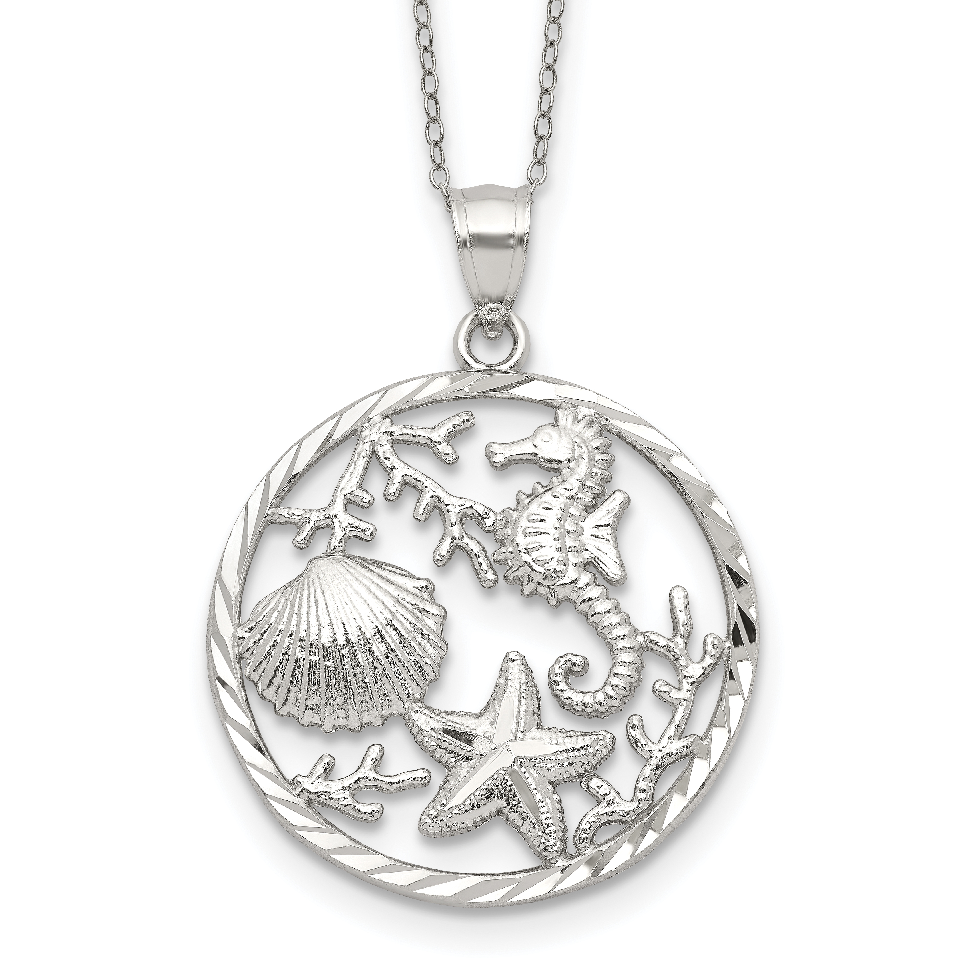 Sterling Silver Rhodium-plated Seahorse, Starfish and Shell Pendant (QG3379-18)
