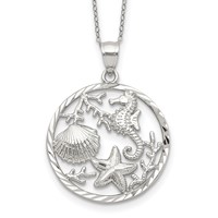 Sterling Silver Rhodium-plated Seahorse Starfish Shell in Circle Necklace, 18" view 1