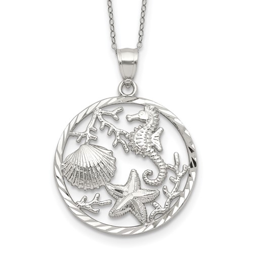 Sterling Silver Rhodium-plated Seahorse Starfish Shell in Circle Necklace, 18"