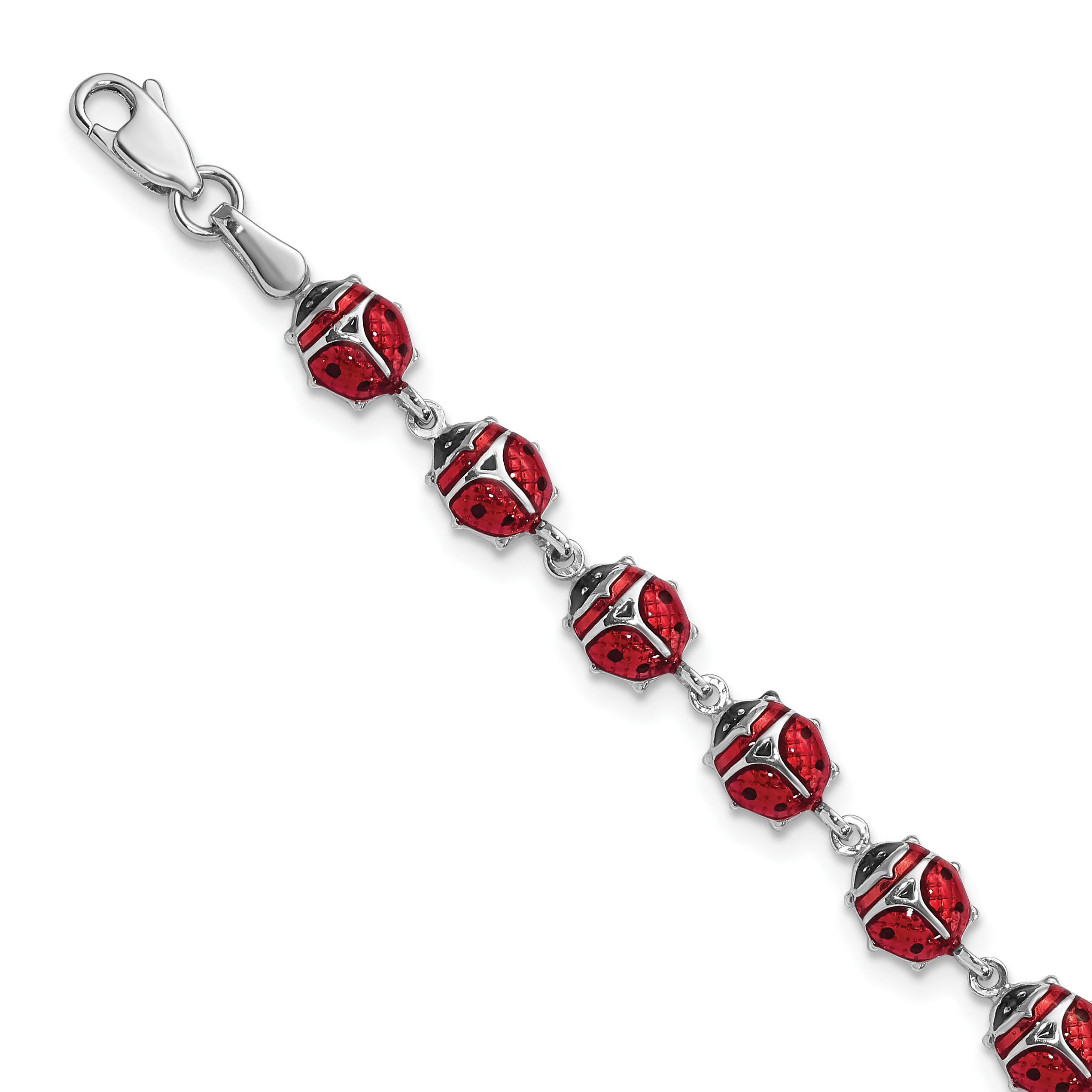 Sterling Silver Rhodium Polished Enameled Lady Bug Bracelet (QG3443-7)