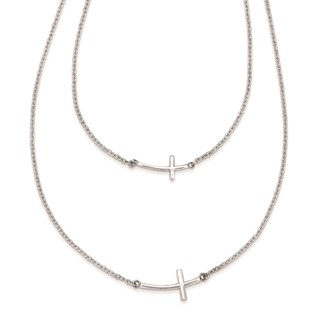 SS Rhd-pltd Small & Large Centered Sideways Curved Cross 2-Layer Necklace