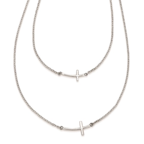 SS Rhd-pltd Small & Large Centered Sideways Curved Cross 2-Layer Necklace