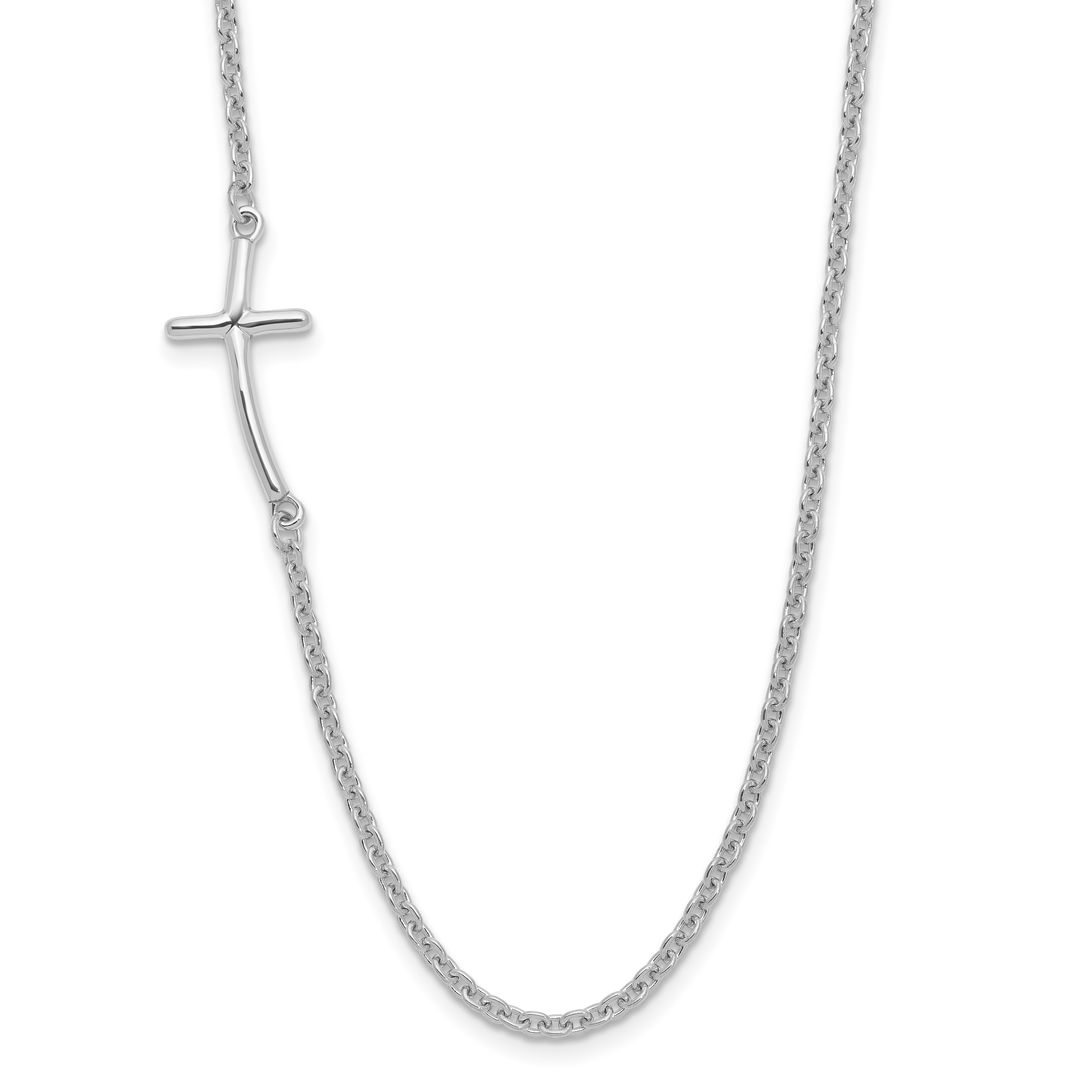Sterling Silver Rh-plated Small Off-Set Sideways Curved Cross Necklace (QG3465-14)