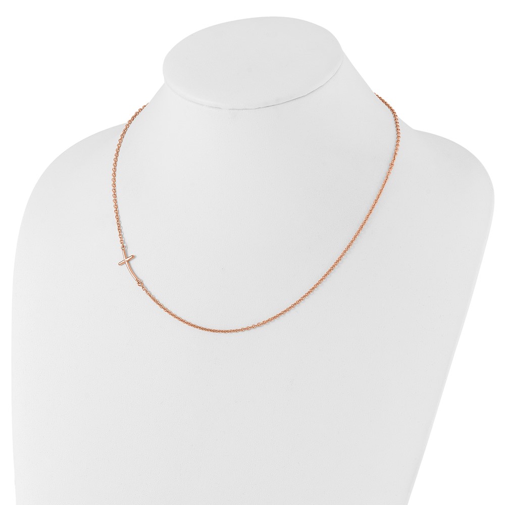 Sterling Silver RG-plated Small Off-Set Sideways Curved Cross Necklace (QG3465P-19)