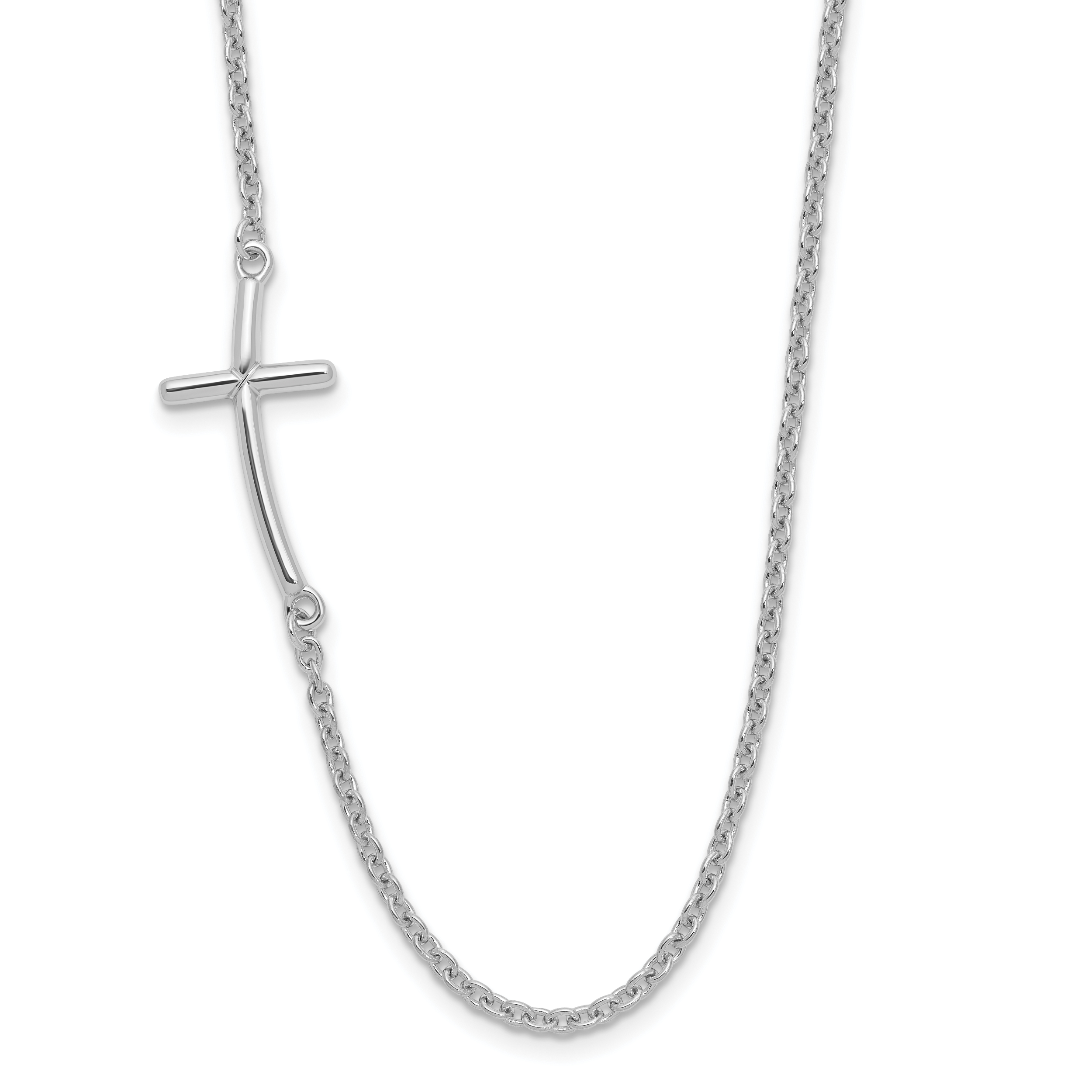 Sterling Silver Rh-plated Large Off-Set Sideways Curved Cross Necklace (QG3466-19)