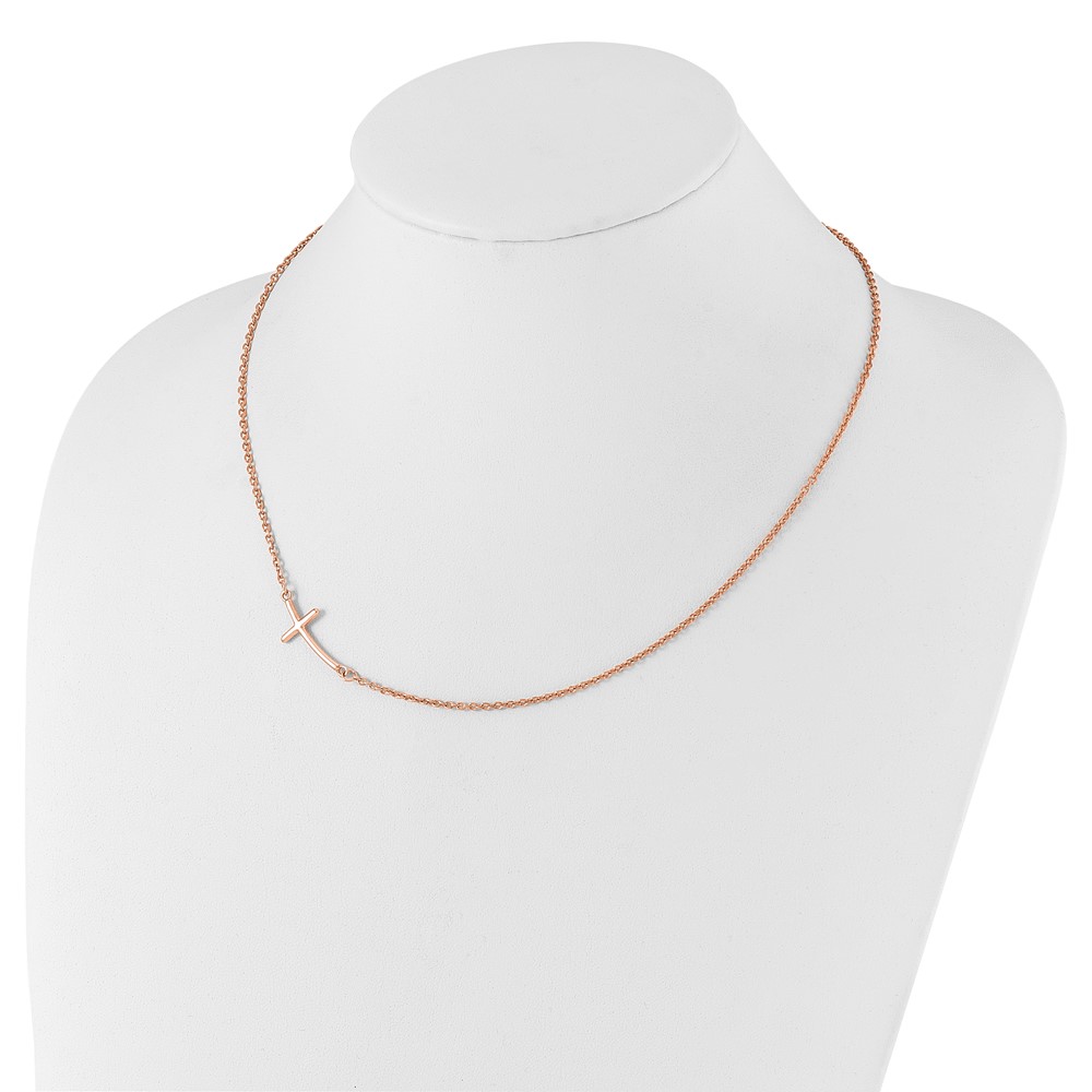 Sterling Silver RG-plated Large Off-Set Sideways Curved Cross Necklace (QG3466P-19)