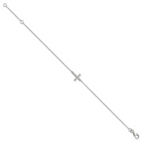 Sterling Silver Rhodium-plated CZ Sideways Cross Bracelet with Ext, 1" view 2