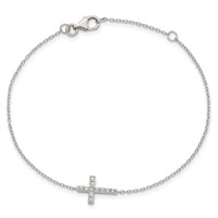 Sterling Silver Rhodium-plated CZ Sideways Cross Bracelet with Ext, 1" view 3