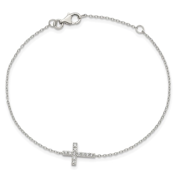 Sterling Silver Rhodium-plated CZ Sideways Cross w/1in Ext Bracelet